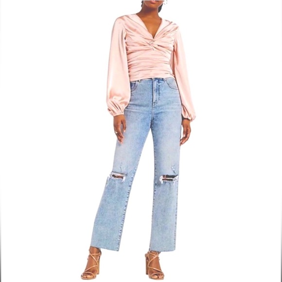 NWT Express Satin Ruched Twist Front Open Back/Bow Side Zip Blouse Top Peach XS - Picture 4 of 9